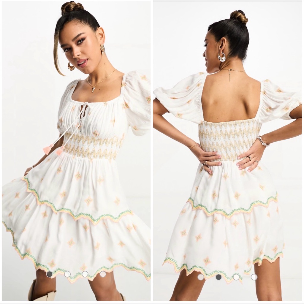River Island Nwt! Women's Embroidered Tiered Mini Beach Dress In White Size M